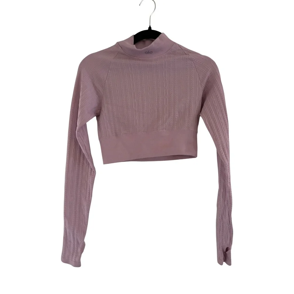 Alo Yoga Seamless Cable Knit Long Sleeve Crop Top Lavender Purple Mock Neck S